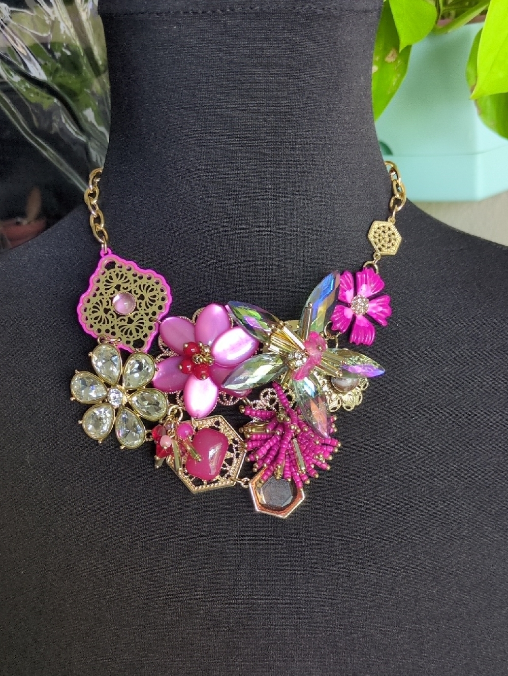 Vibrant Pink Floral Crystal Statement Necklace - Unbranded